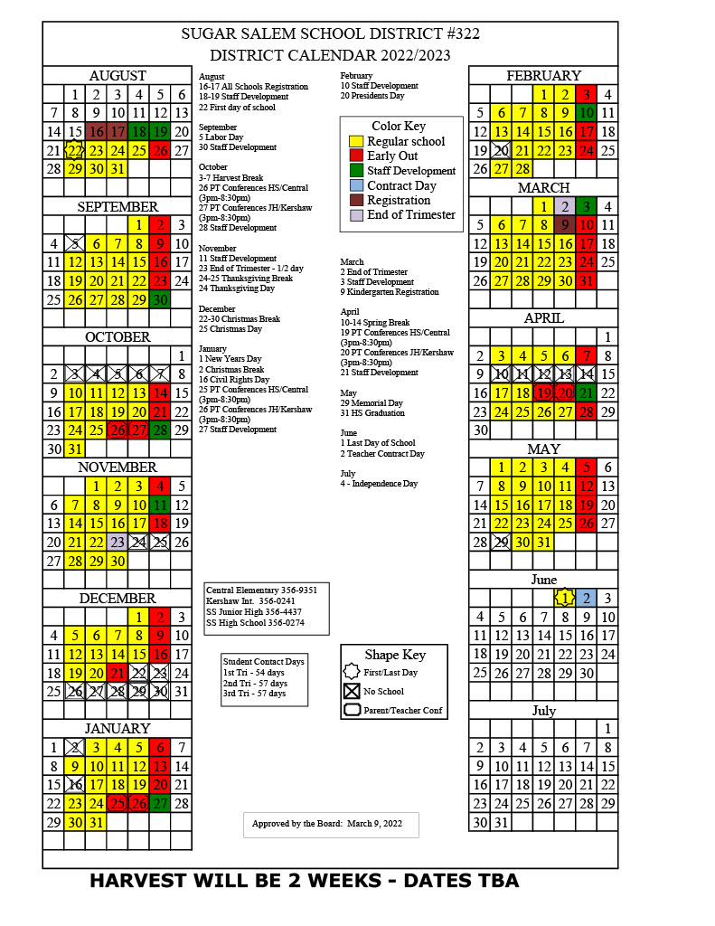 SugarSalem School District Calendar 2022 and 2023