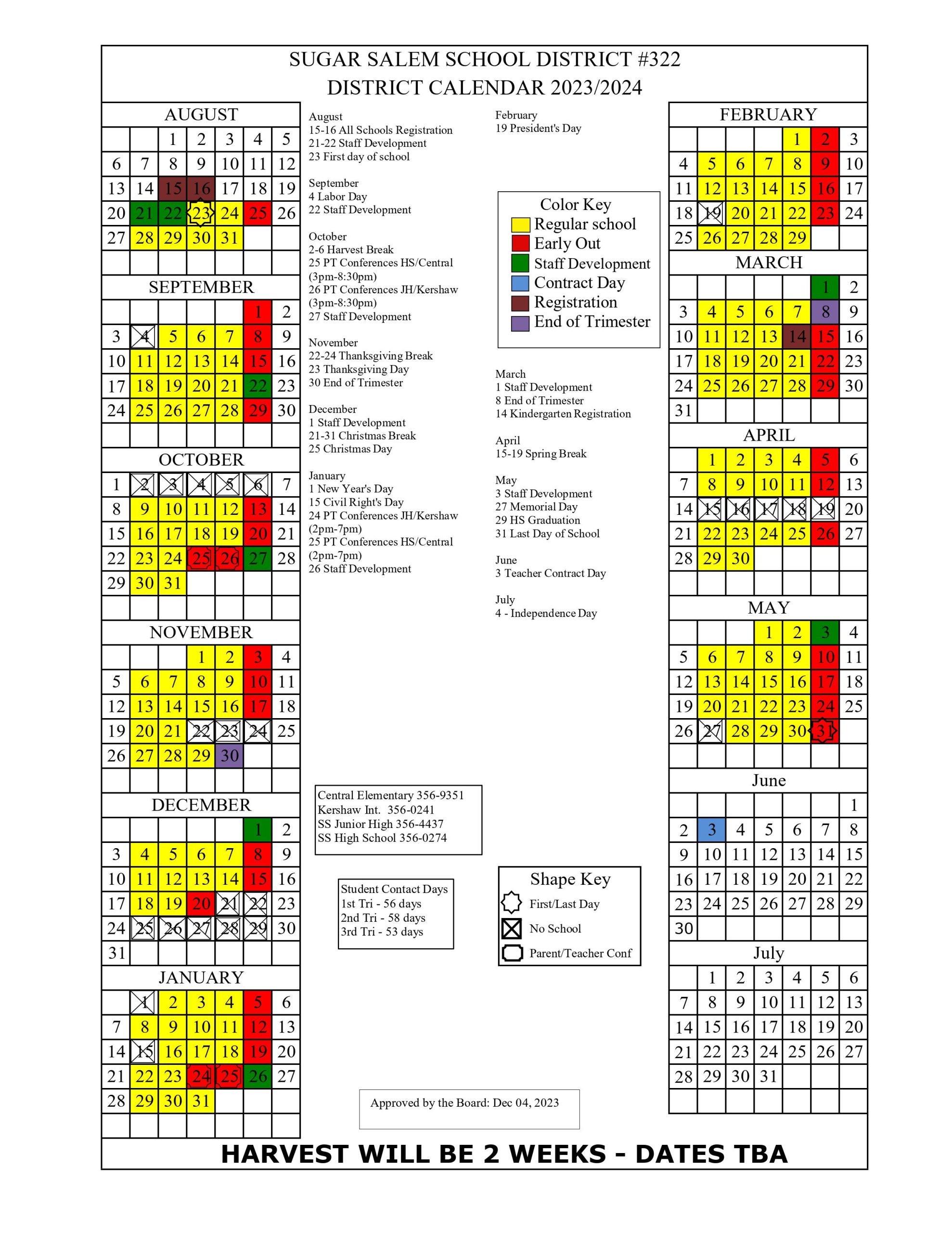 2023-2024 Academic calendar, updated 6 december 2023.