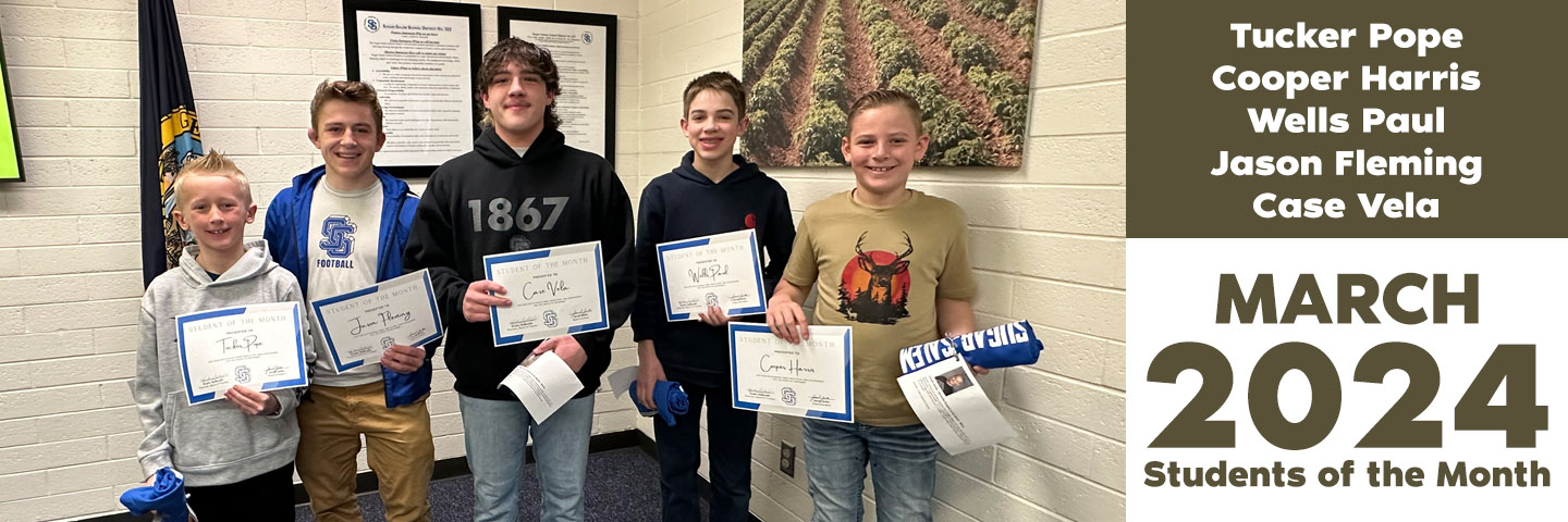 March students of the month are Tucker Pope (Central), Cooper Harris (Kershaw), Wells Paul (Jr High), Jason Fleming (High School), and Case Vela (Valley View).